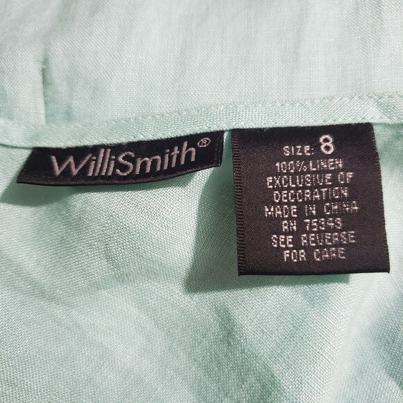 Willi Smith Dress 8 Green Linen Midi Faux Wrap Cottagecore Romantic Feminine - Picture 8 of 8